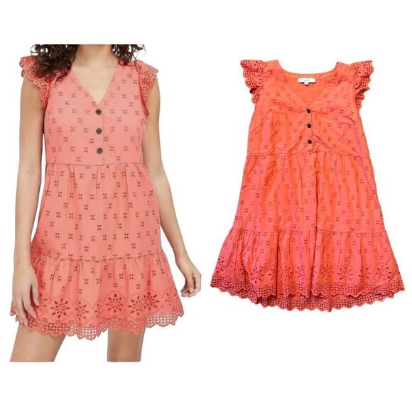 Loft Eyelet Tiered Swing Dress in Coral Size 6 - Picture 1 of 17